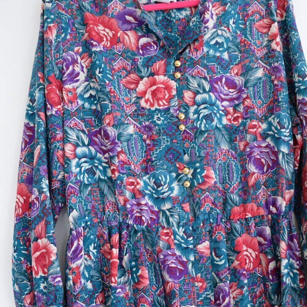 Vintage Schrader Teal Purple Floral Button Front Pleated Maxi Retro 80s Dress 18 - Picture 5 of 14